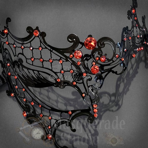 Womens Black Metal Phantom Laser-Cut Masquerade Prom Mask [Red Rhinestones] - Picture 4 of 4