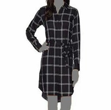 $150 Calvin Klein Women's Black White Plaid Long Sleeve Shirt Dress Size 12