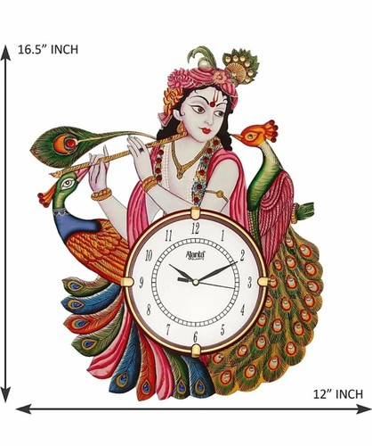 Wooden Antique Lord Krishna Wall Clock with Peacock Designer - Picture 2 of 3