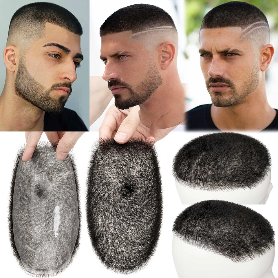 Men Short 1cm Buzz Cut Toupee Replacement System Virgin Human Hair Transparent G - Image 4 of 4
