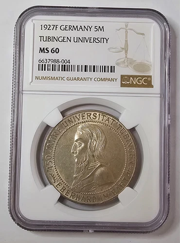 5 Reichsmark 1927 F Tübingen NGC MS 60 Silver UNC RARE!