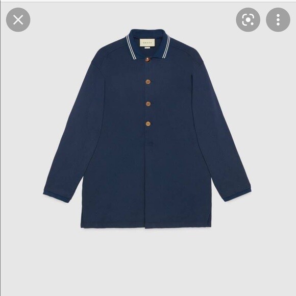 New Gucci Cotton Piquet Polo Shirt Long Sleeve Oxford Blue MSRP $1200