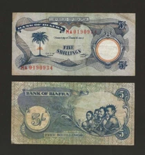 BIAFRA 5 Shillings 1969, P-3a, Second Series, Issued Banknote, Circulated.