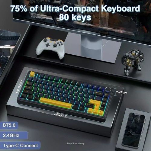 AULA F75 75% Wireless Mechanical Keyboard,2.4Ghz/Type-C/5.0 - Cresent / Greywood - Picture 5 of 7