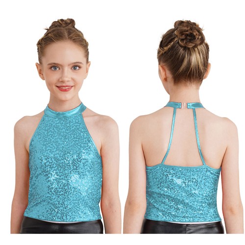 Kids Girls Sequin Halter Crop Top Sleeveless Tops Cheerleading Jazz Dance Gym - Picture 40 of 52