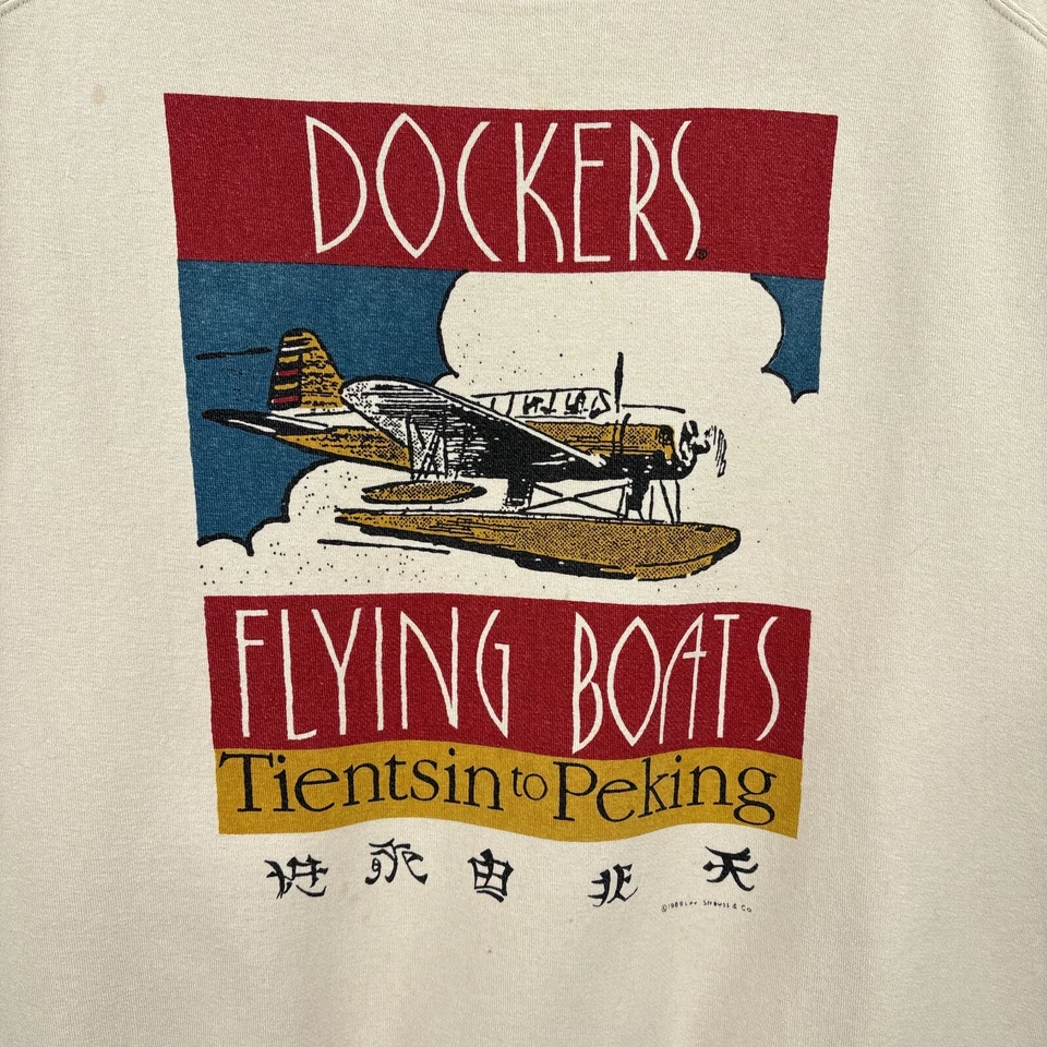 Vintage Levis Dockers Sweatshirt Men Medium Crew Chinese Ringer Flying Boats 80s - Image 2 of 4
