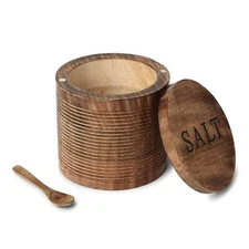 Salt Box with Wooden Spoon| Round Salt Container| Bowl Pot Mango Wood for Dinnin