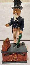 VTG Uncle Sam Book of Knowledge Mechanical Coin Drop Bank - USA Made - VG Shape!