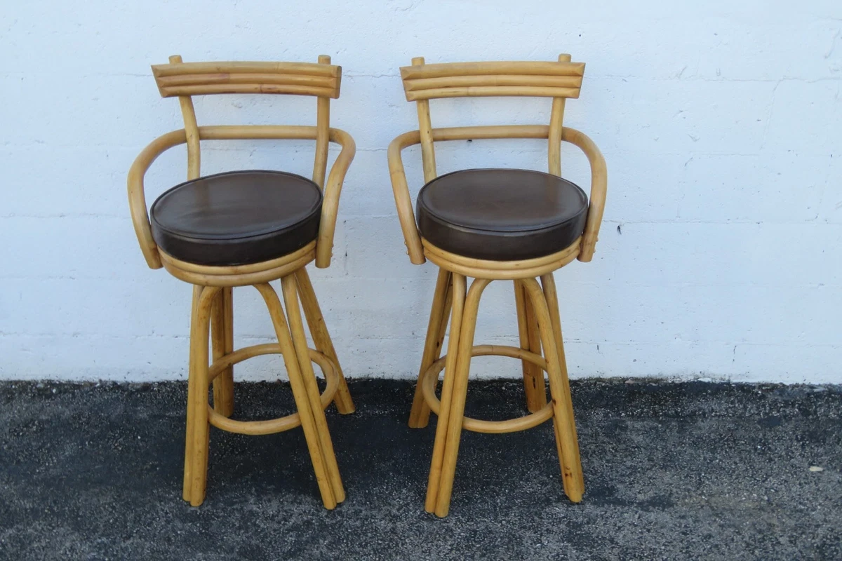 Vintage Mid Century Paul Frankl Style Bamboo Swivel Tiki Bar Stools a Pair 5126
