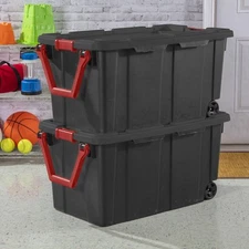 40 Gallon Wheeled Industrial Tote Plastic Black Box Container Bin Set of 2 New