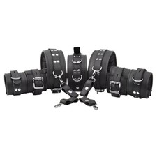 Real Leather Restraint Set Wrist Ankle Thigh Cuffs  Neck Collar Hogtie