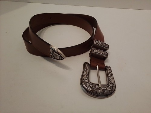 Vintage Damen braun Leder Gürtel Rose geprägt Silber Schnalle Markenlos Größe 10 - Bild 2 von 3