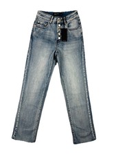 Decjuba NWT Becky Button Fly Women Jeans Size 8 W25" Blue Straight Ankle Hi Rise