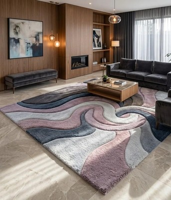 Hand-Tufted Wool Abstract Swirl Area Rug, Plush Mid-Century Modern Carpet