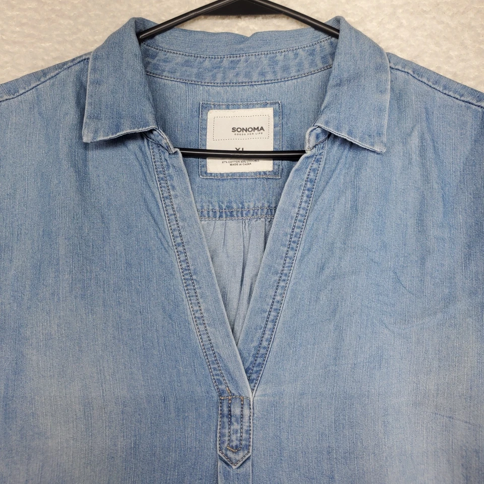 Top de mujer Chambray XL azul Henley Denim Pullover lengüeta enrollable Western Country Foto 3 de 4