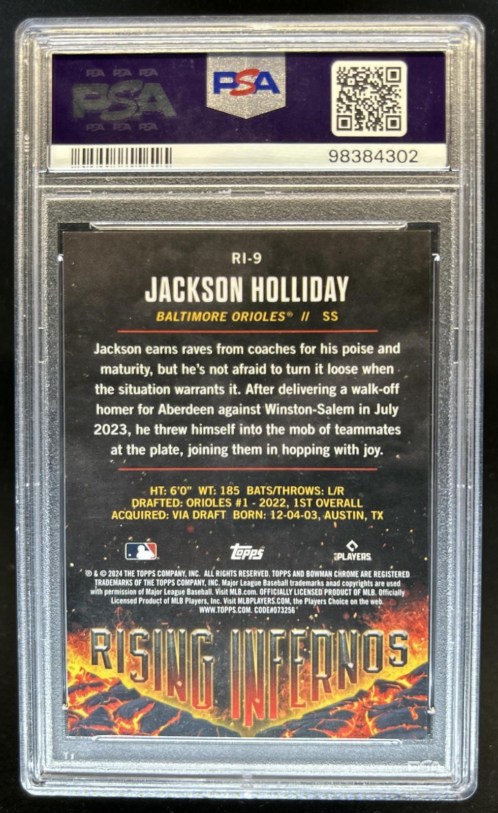 2024 Bowman Jackson Holliday Rising Infernos Chrome Gold Refractor RC /50 PSA 10 view 2