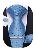  Plaid Ties for Men Silk Checkered Necktie and Pocket Square Sky Blue Plaid