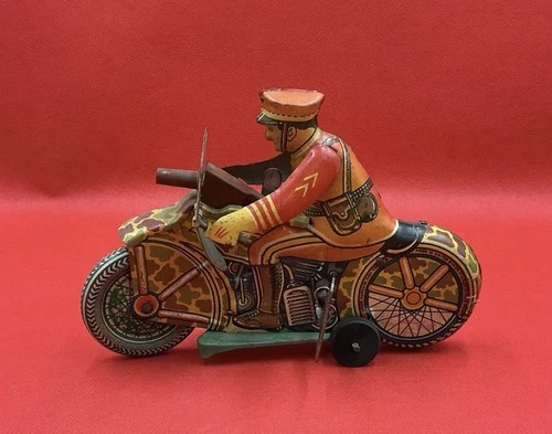 RARE - Marx Army Tin Wind Up Policeman On Motorcycle- Tested Works