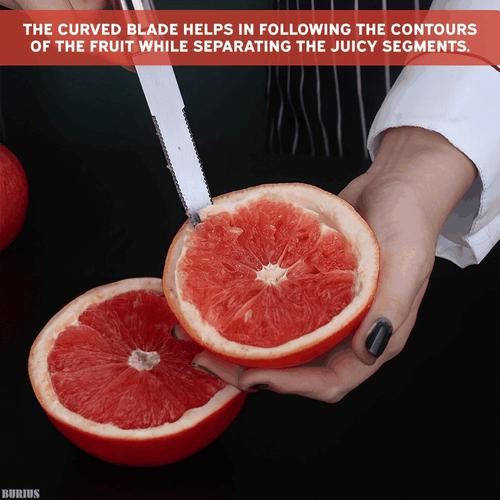 Coltello Pompelmo con Lama Dentellata Curva Affettatrice Frutta e Taglierina per - Foto 5 di 8
