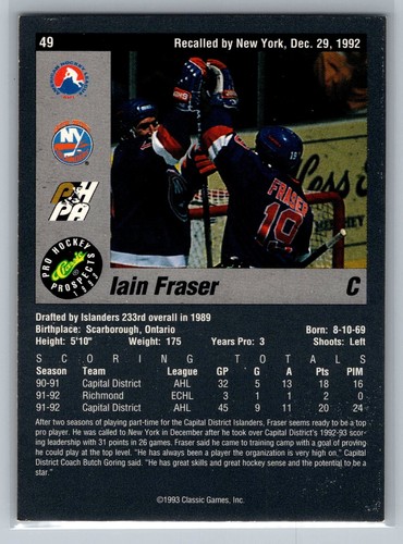 Iain Fraser 1993 Classic Pro Prospects HOCKEY #49 Capital District Islanders - Imagen 2 de 2