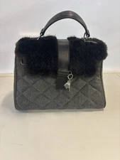 My Flat in London Satchel Gray Quilted Wool Black Faux Fur Handbag Purse Bag