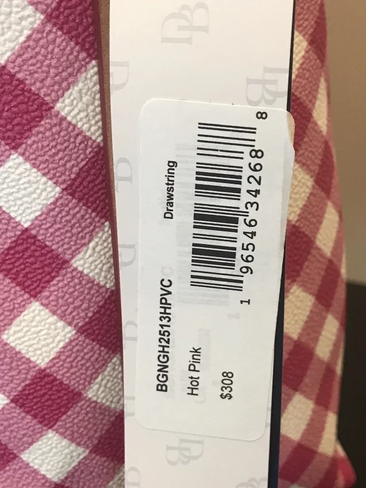 Dooney And Bourke Coated Cotton Hot Pink/White Gingham Drawstring Bag NWT - Image 4 of 4