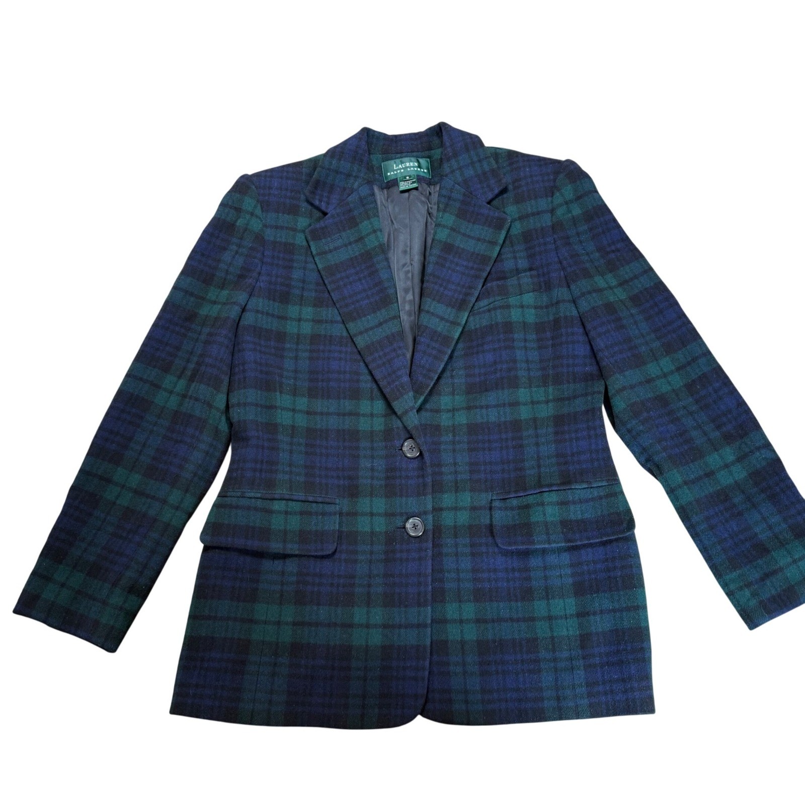 VTG Lauren Ralph Lauren Wool Cashmere Tartan Plaid Blazer Women 6 Blue Green