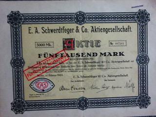 E. A. Schwerdtfeger AG Aktie über 5000 Mark Berlin im Februar 1923