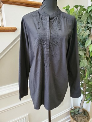 OverdriveWomen's Floral Black 100% Cotton Long Sleeve Band Collared Top Shirt 2X