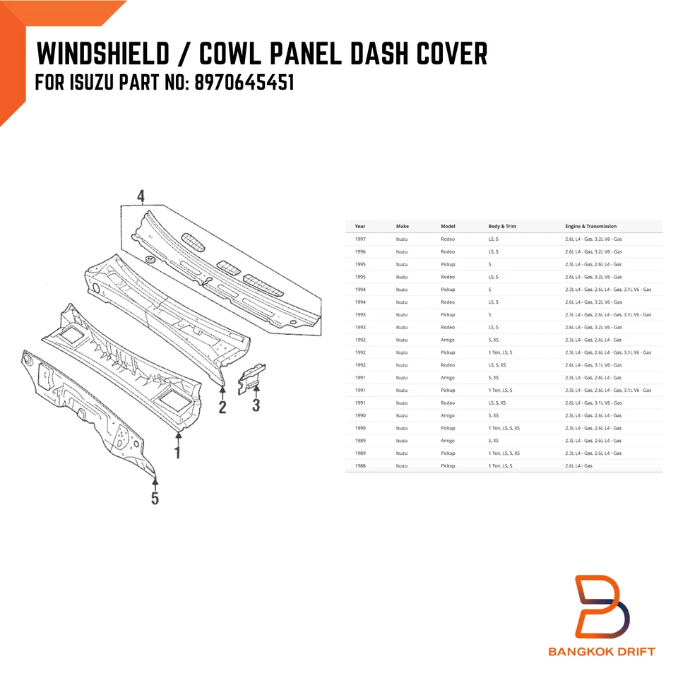 COWL GRILLE WINDSHIELD PANEL DASH COVER FOR ISUZU PICKUP TF 88-00 8970645451 - Image 2 of 4