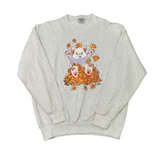 VINTAGE 90S CAT SWEATSHIRT WOMENS XL GRAY AUTUMN LEAVES GRAPHIC PULLOVER USA