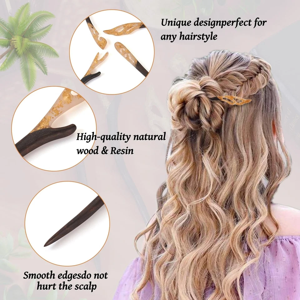 4 palitos de pelo de madera de resina de sándalo FASHEWELRY para mujeres niñas accesorios para el cabello... Foto 2 de 4