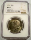 1964 NGC MS65 SILVER KENNEDY HALF DOLLAR NICE TONE NICE COLOR 50c MS 65