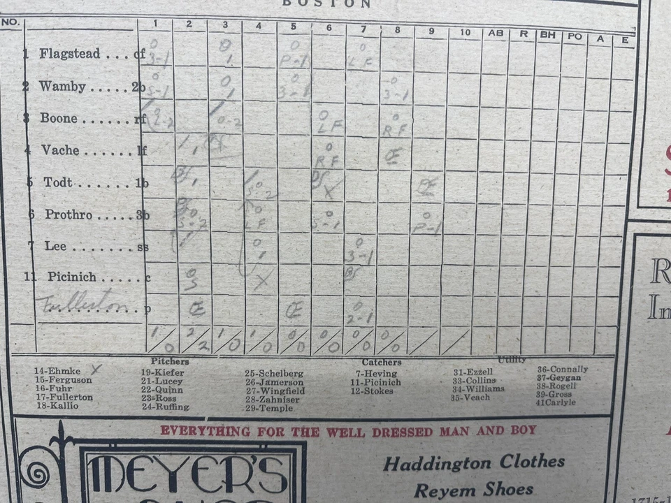 Antique 1920s Baseball Score Card  Boston V Washington Senators  Vintage Ads 2 - Image 3 of 4