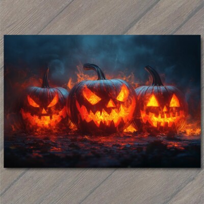 POSTCARD Halloween Jack O Lantern Scary Fire Haunted House Spooky Glow Pumpkin