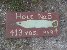 VINTAGE Hand Carved Hole No 5 Golf Painted Wood Sign 23 3/4" x 11 1/2" Folk Art