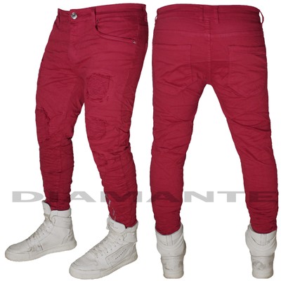 Jeans Uomo Denim Pantaloni Rossi Elasticizzati Strappati Foderati Design  MT696 | eBay