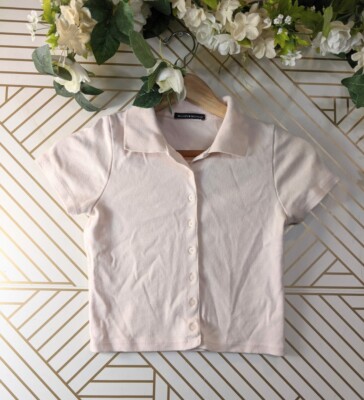 BRANDY MELVILLE Women's Pink Button Up Short Sleeve Cropped Shirt Collar XS/S