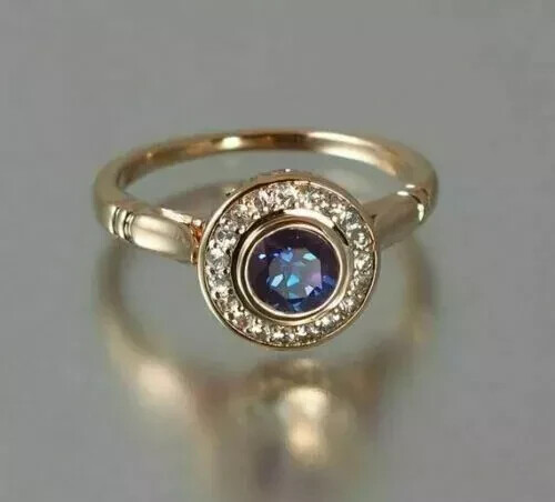 Lab Created Alexandrite 2Ct Round Halo Engagement Ring 14K Yellow Gold Plated - Picture 3 of 6