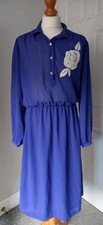 Vintage 1970's Blue Polyester Crepe Secretary Shirt Dress White Floral Trim 10