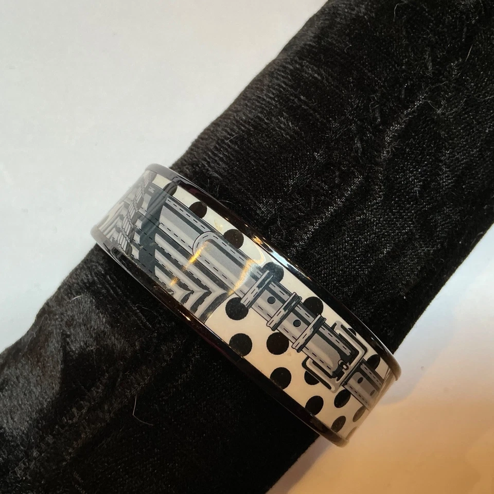 HERMES Enamel PM 65 Wide Bangle Bracelet Black rim, Black white CLIC CLAC A POIS - Image 2 of 4