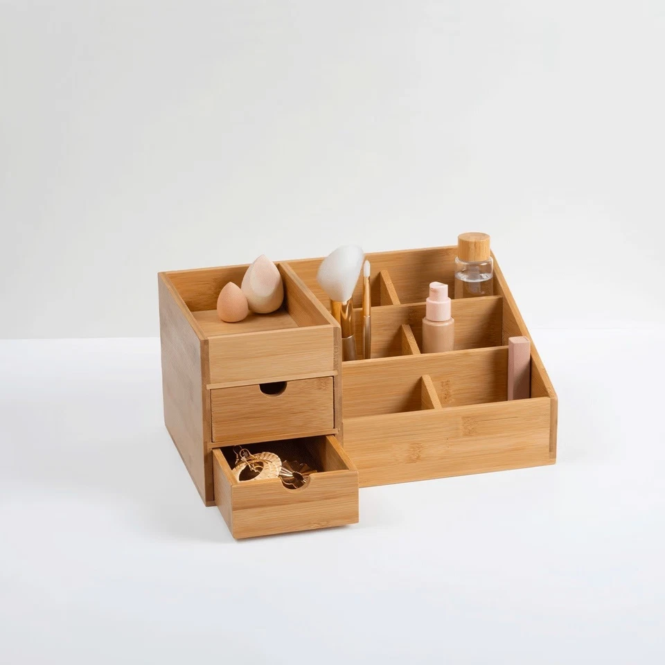 Utensilienbox Organizer Bambus 2 Schubladen 6 Fächern Kosmetik Aufbewahrung Deko - Bild 2 von 4