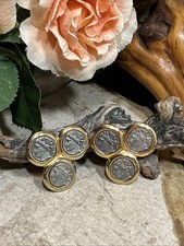 36. Vtg Kenneth Jay Lane KJL Three Ancient Coins Gold Tone Clip Earrings 34mm