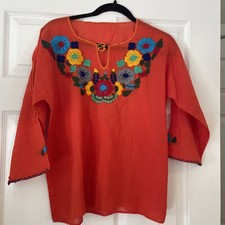 Mexican Embroidered Orange 3/4 Sleeves Top From Oaxaca One Size Closest To M 
