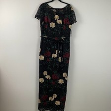 Tahari Illusion Neck Lace Column Gown Maxi Dress Size 16 Black Floral
