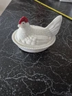 VINTAGE MILK GLASS HEN ON NEST 5" W/ RED COMB  2 PC DISH
