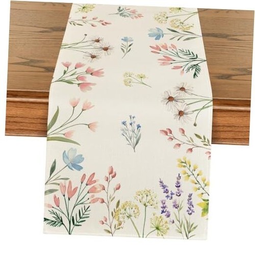 Flowers Summer Table Runner, Seasonal Spring 13" x 90", Table Runner Beige