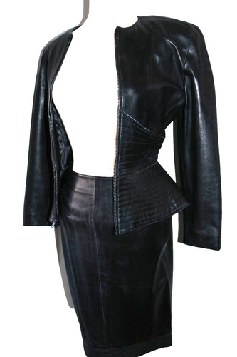 VTG Women's 80-90s Y2K Maxima for Tannery Black Leather 2 PC Jacket & Skirt Set