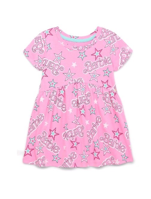 Barbie Toddler Girl Allover Print Pink Dress with Short Sleeves, Size 4T