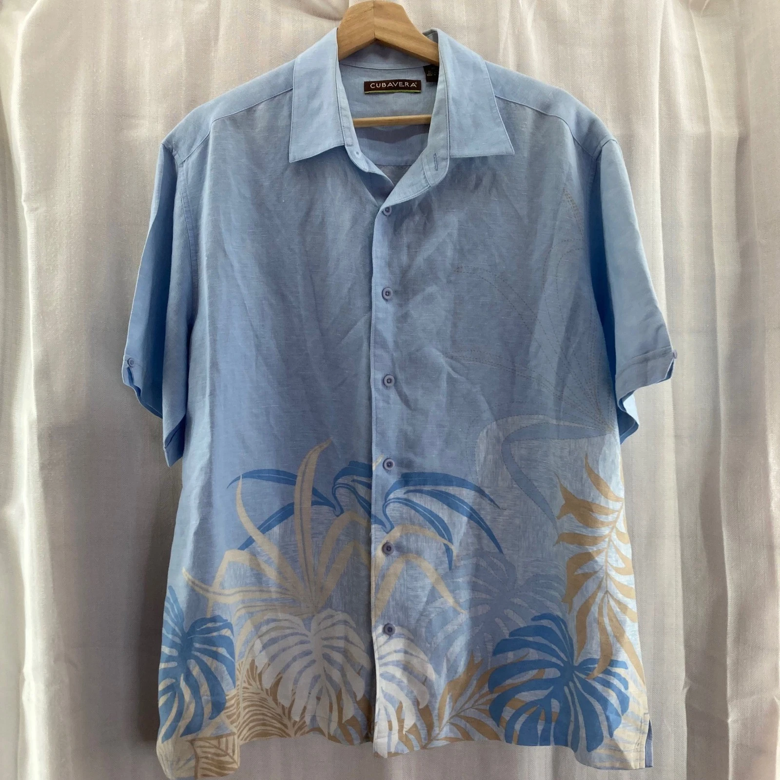Cubavera Men's XL Blue Floral Linen Blend Short Sleeve Button Down Shirt